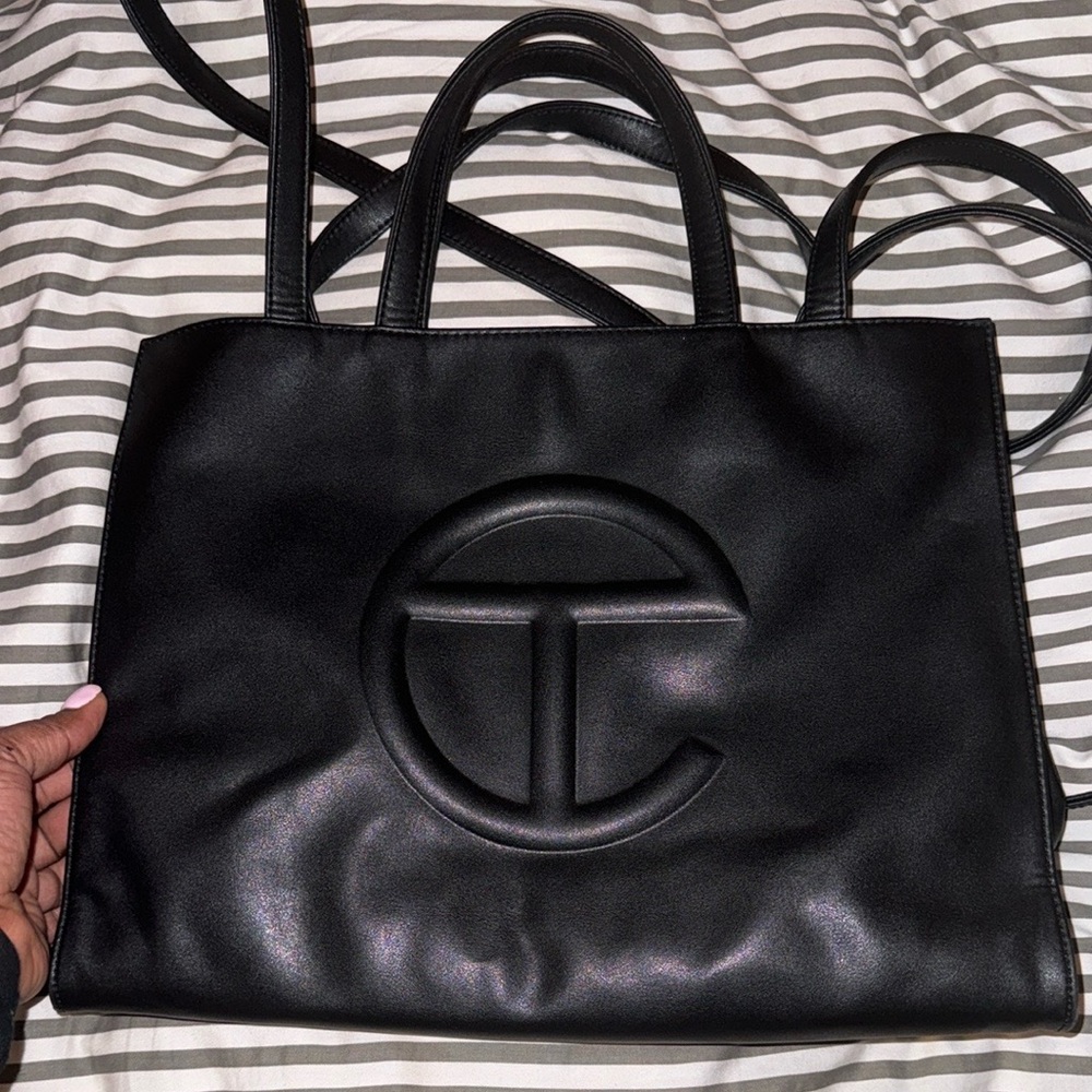 Telfar Black Leather Tote with Embossed Logo